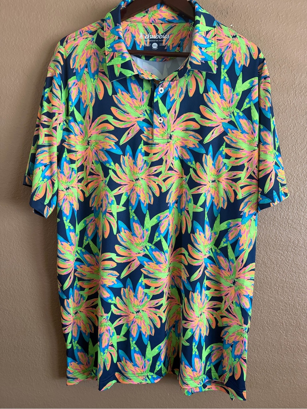 Chubbies The Weekend has Arrived Navy Polo with Neon Floral Print Size XXL